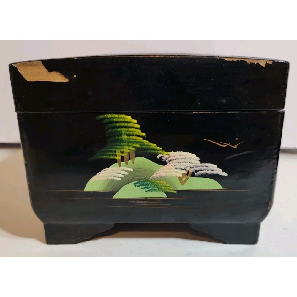Vintage Crestline Japan Music Jewelry Box Black Lacquered Painted Mirror Locking - Picture 7 of 16